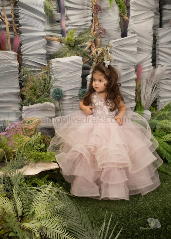 Mauve Pink Lace Tulle Ruffle Keyhole Back Flower Girl Dress
